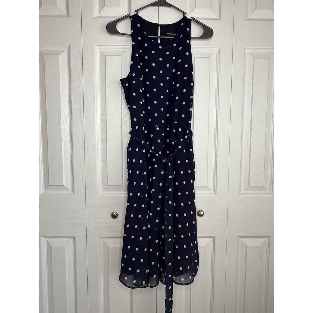 Banana Republic Dress Navy Blue White Polka Dots Sleeveless Belted Nautical Sz 6